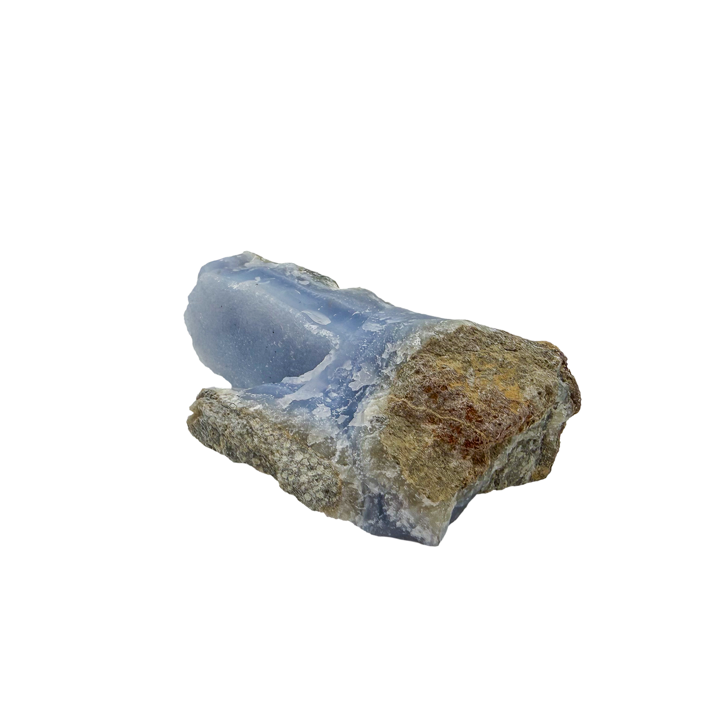 Blue lace agate raw geode from Malawi, uncut host rock framing the frosted seam