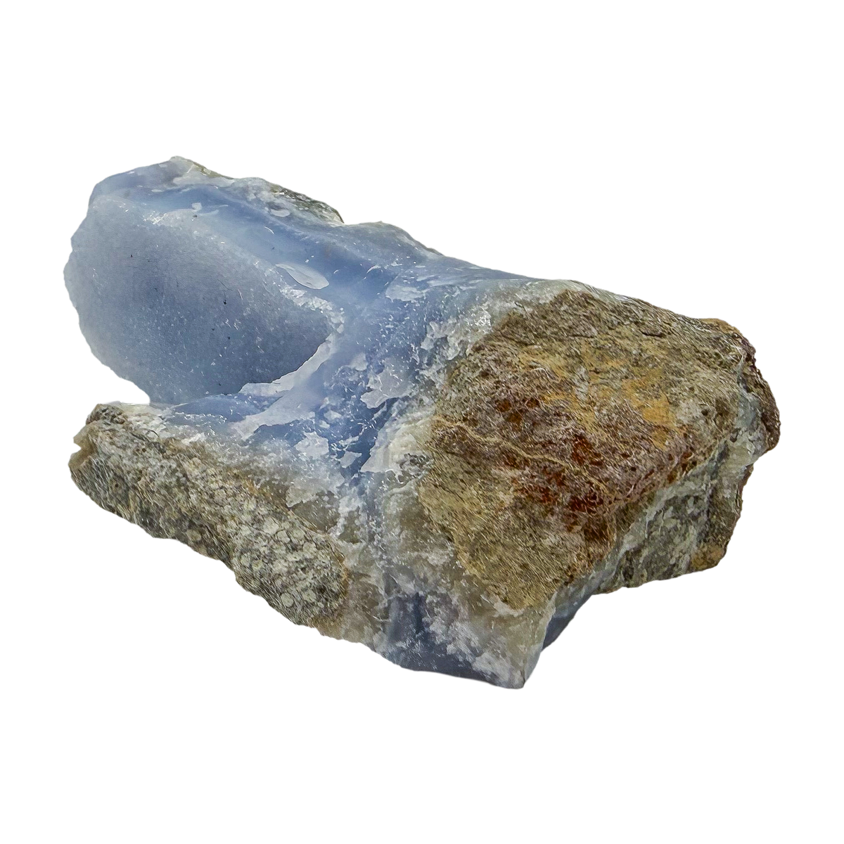 Blue lace agate raw geode from Malawi, uncut host rock framing the frosted seam