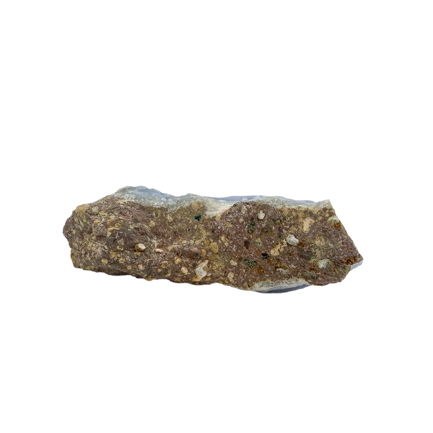 Blue lace agate raw geode, rear view of rough tan and grey host rock