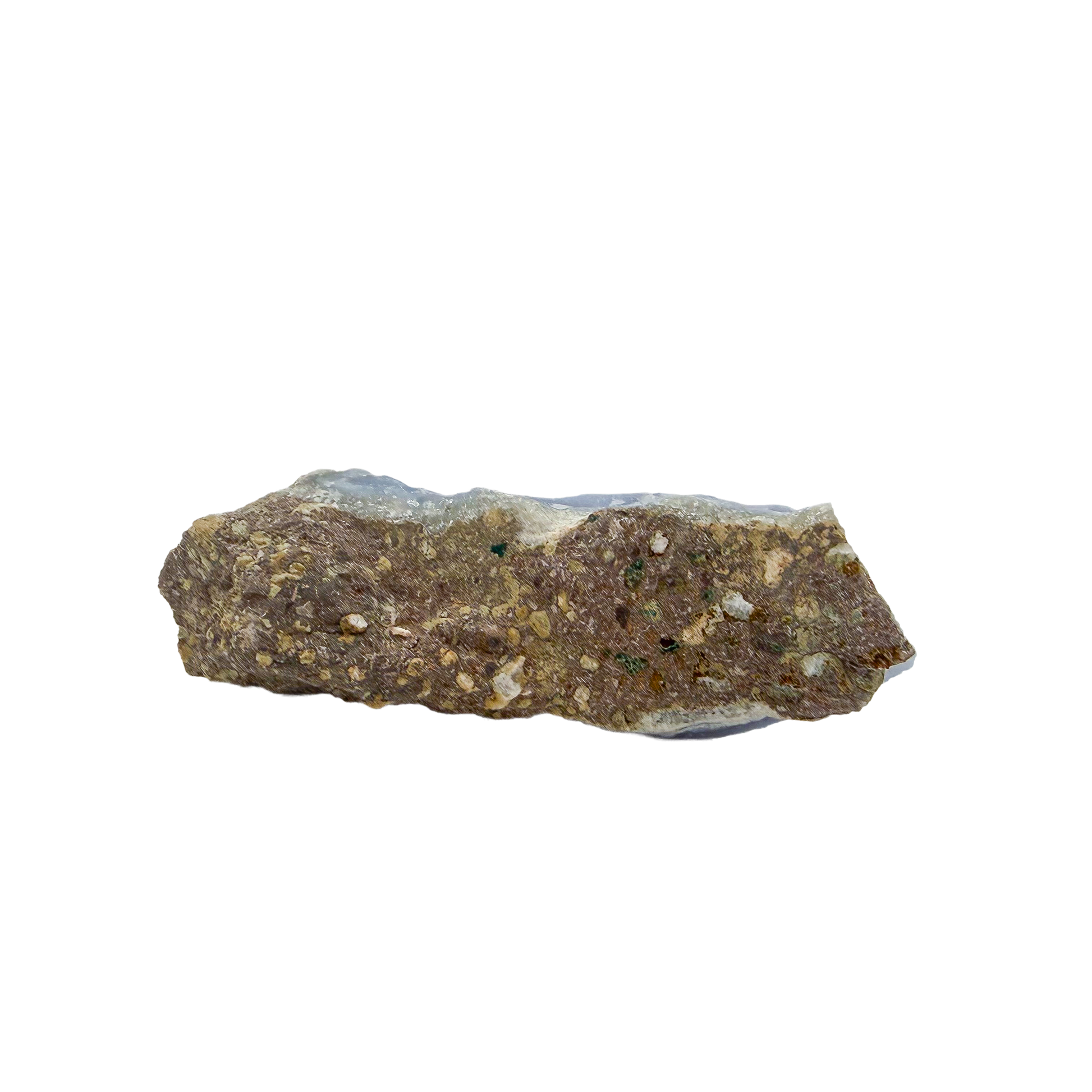 Blue lace agate raw geode, rear view of rough tan and grey host rock
