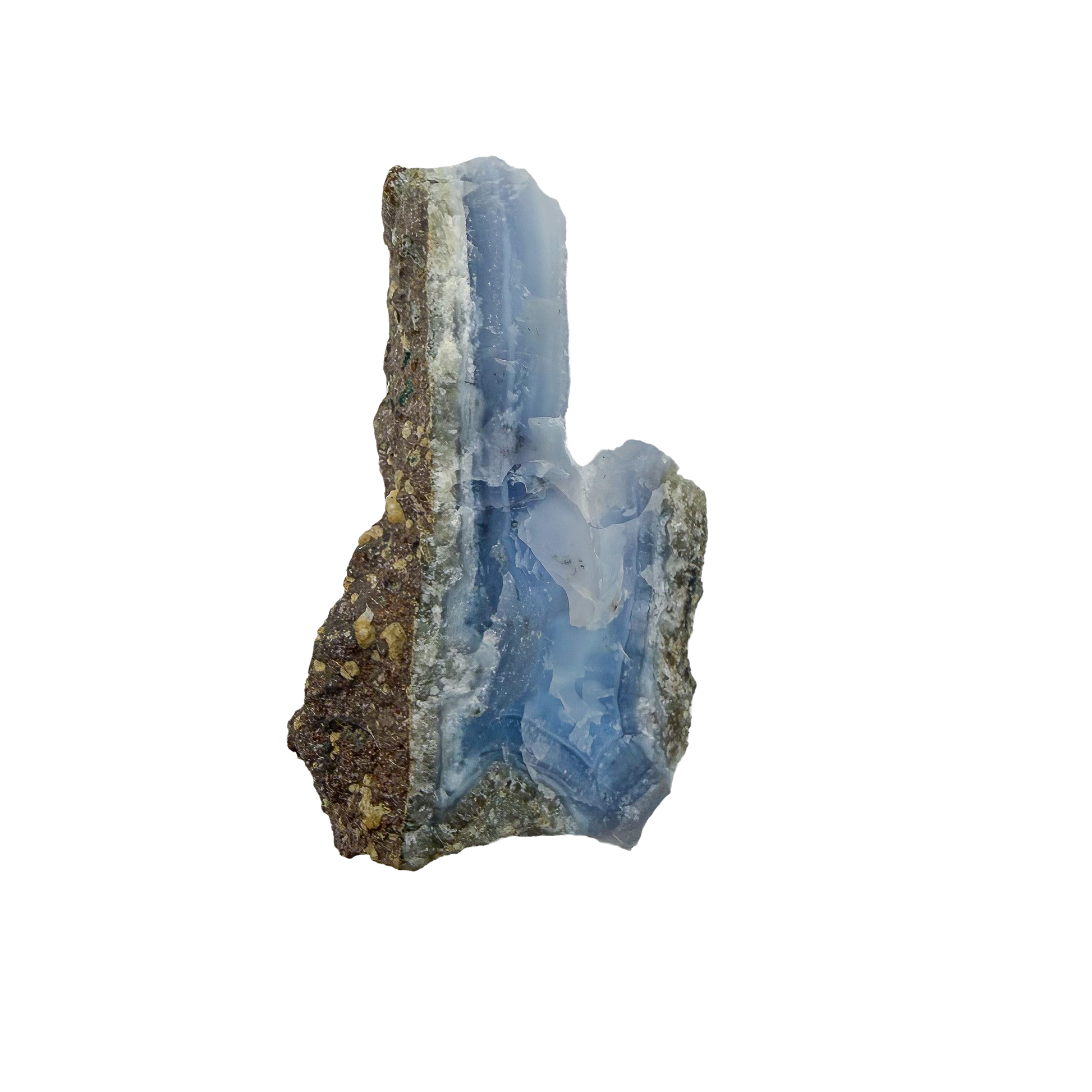 Blue lace agate raw geode, upright view of the open blue cavity