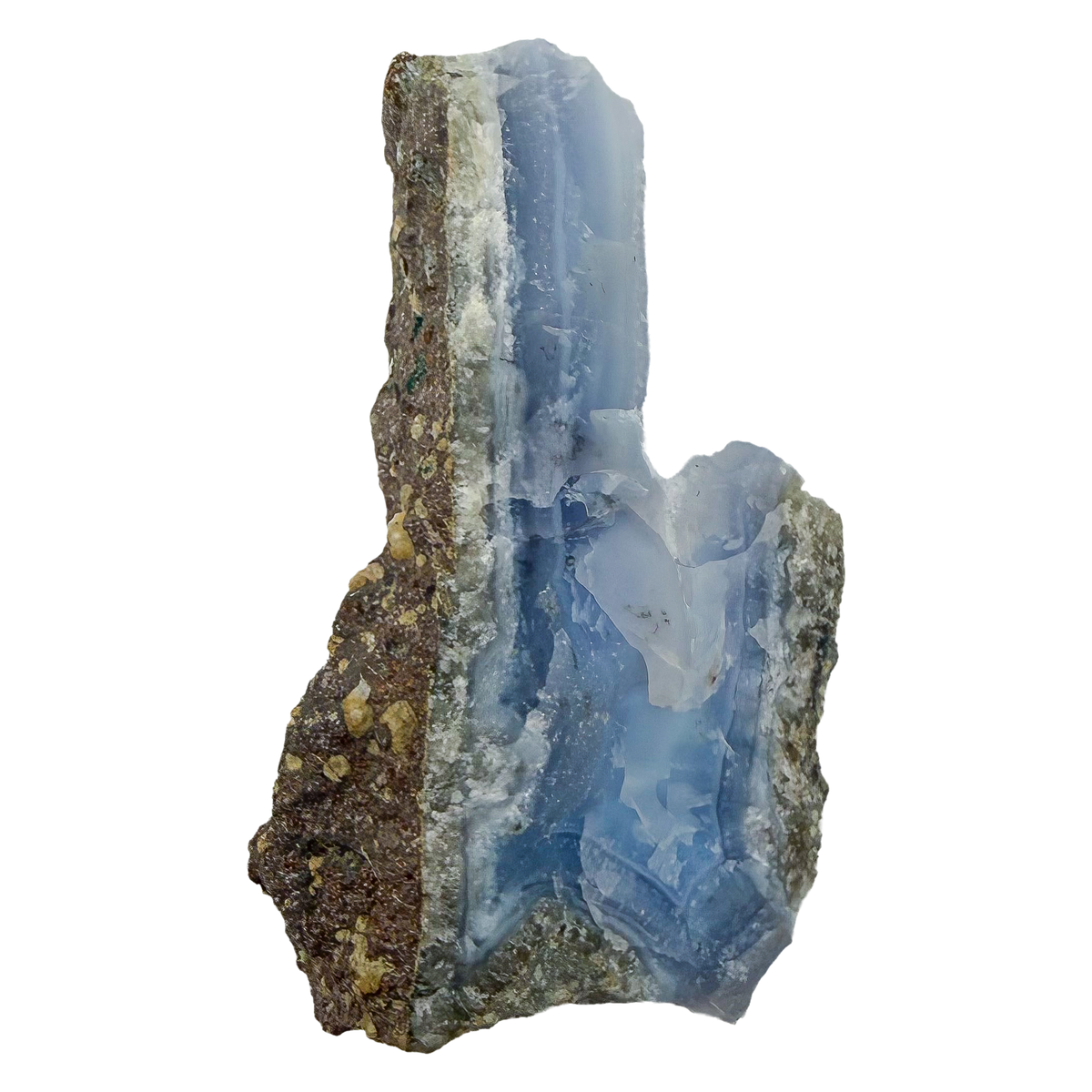 Blue lace agate raw geode, upright view of the open blue cavity