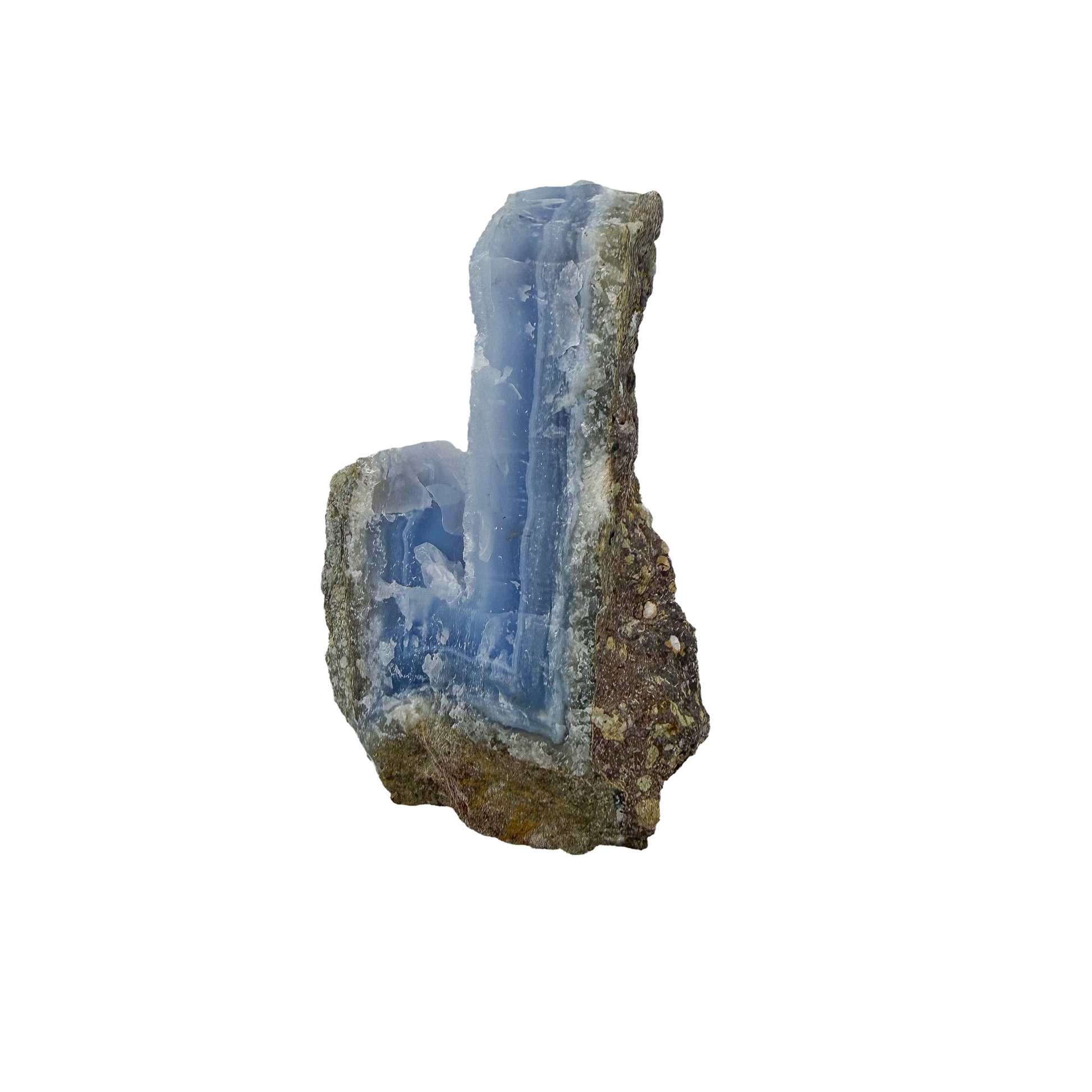 Blue lace agate raw geode, detail of pale blue lacy banding and druzy