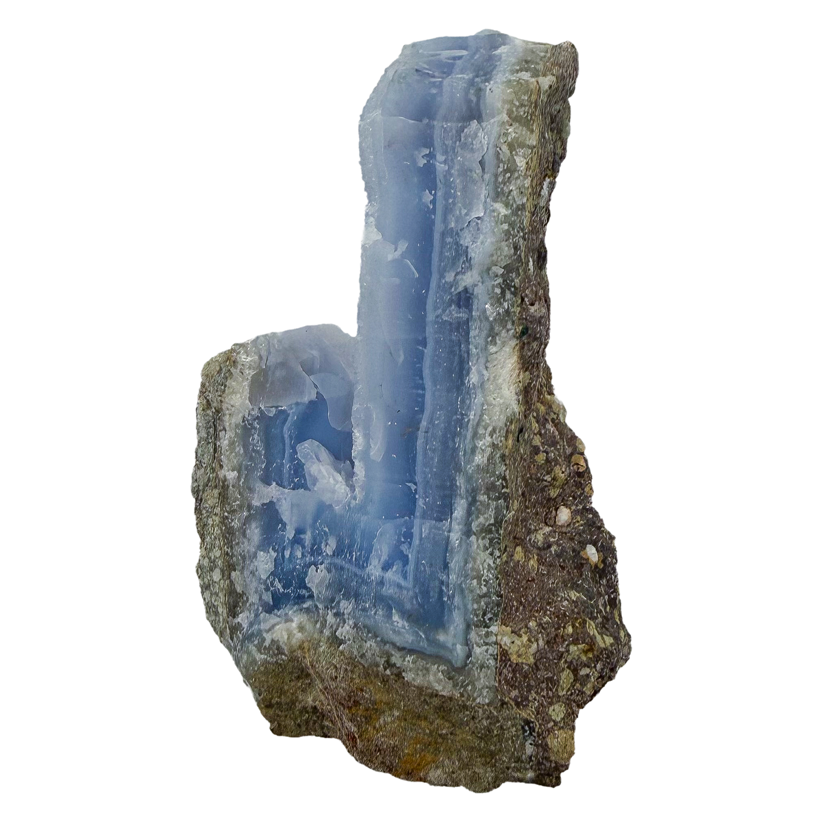 Blue lace agate raw geode, detail of pale blue lacy banding and druzy