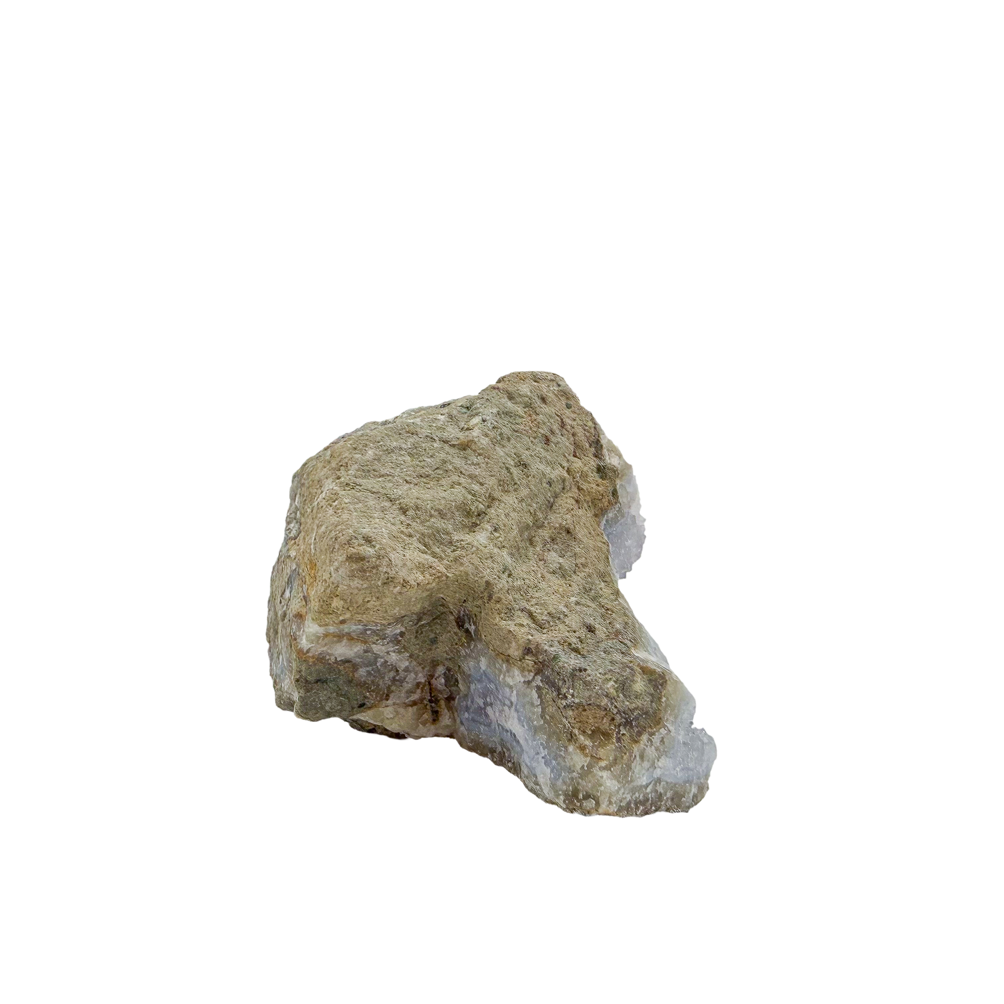 Blue lace agate raw geode, rear view of rough tan and grey host rock