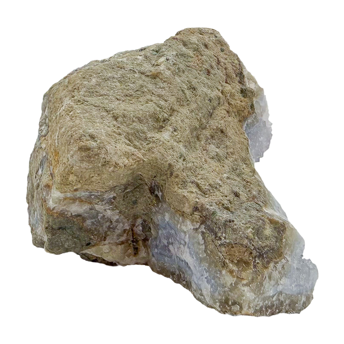 Blue lace agate raw geode, rear view of rough tan and gray host rock