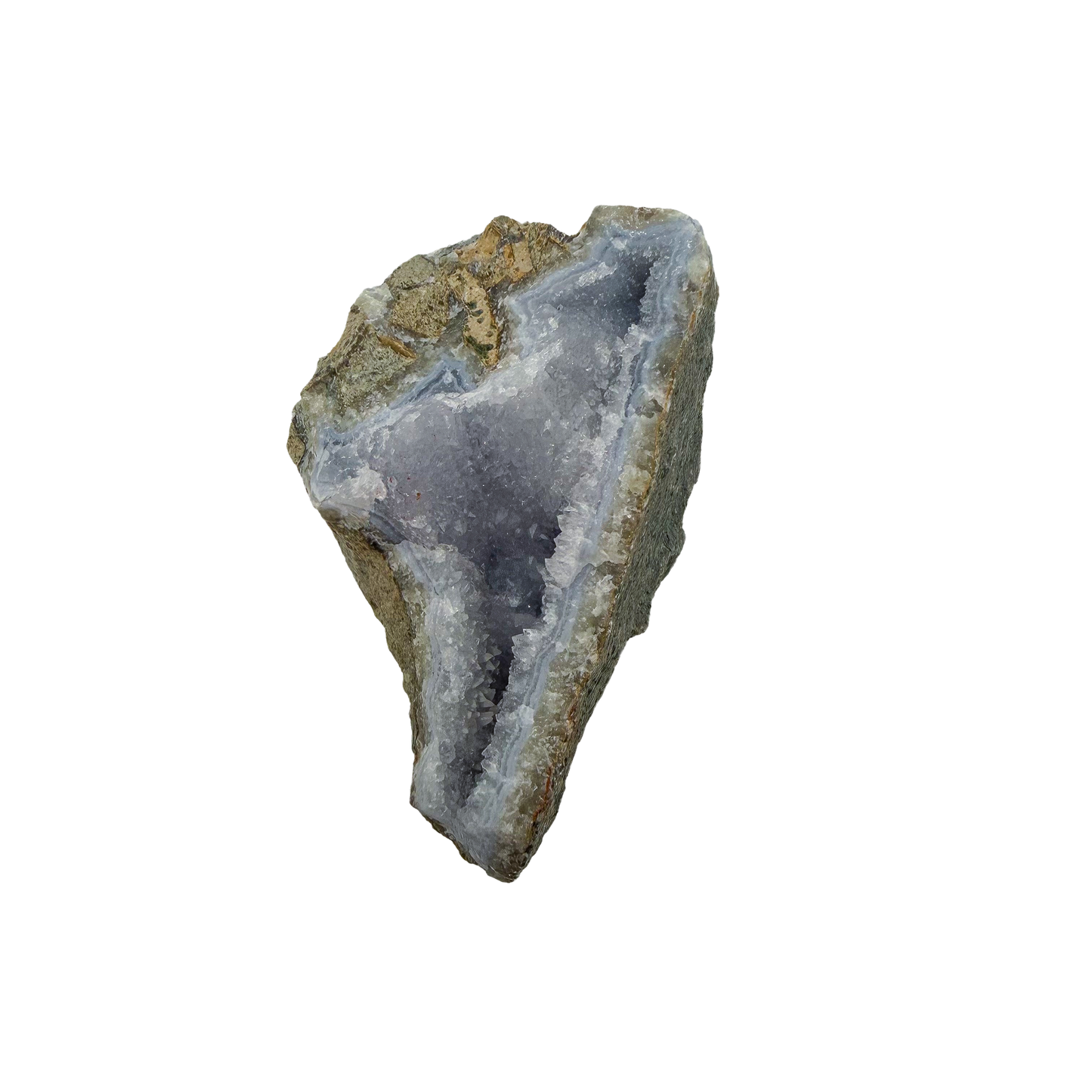 Blue lace agate raw geode, upright view showing the blue banded cavity