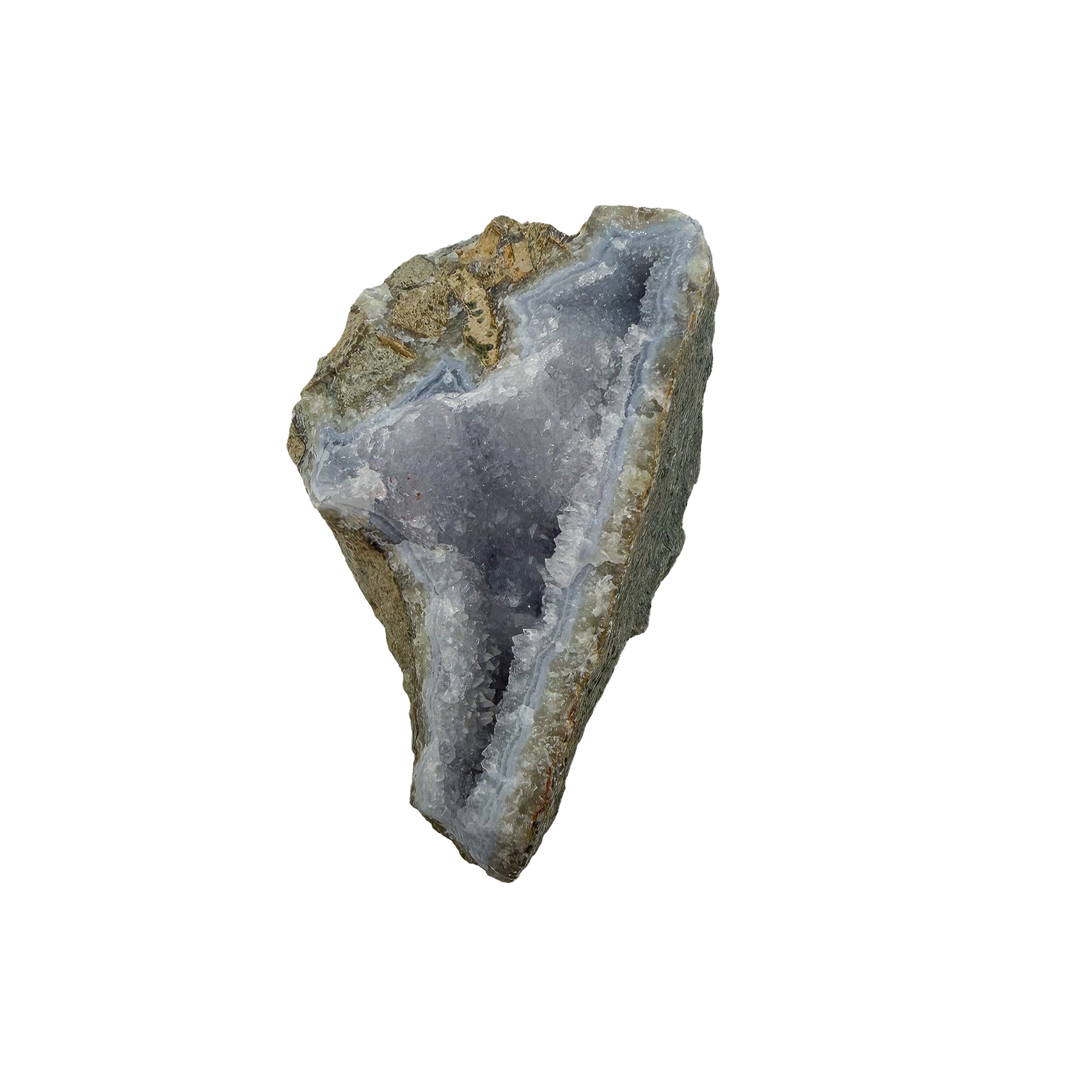 Blue lace agate raw geode, upright view showing the blue banded cavity