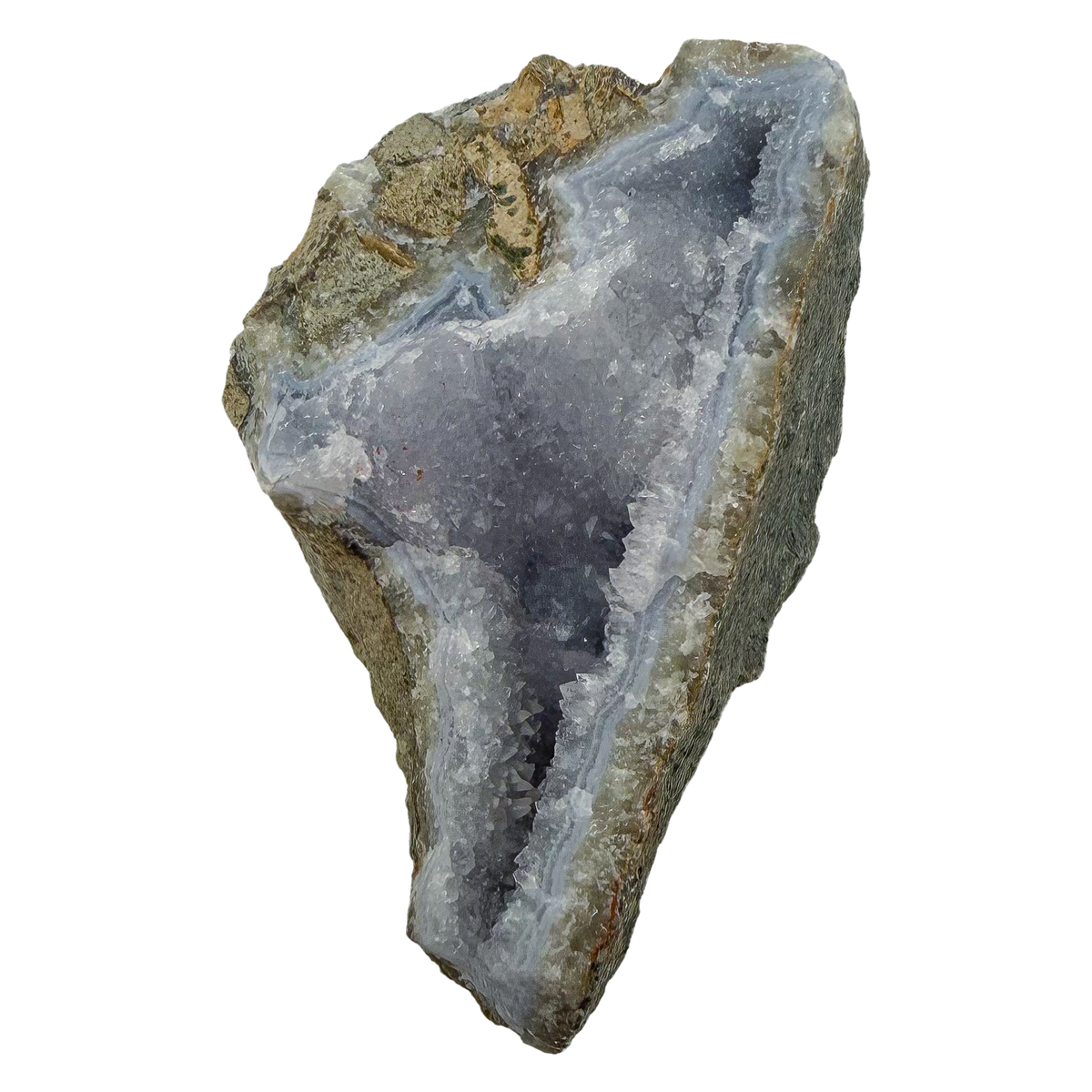 Blue lace agate raw geode, upright view showing the blue banded cavity
