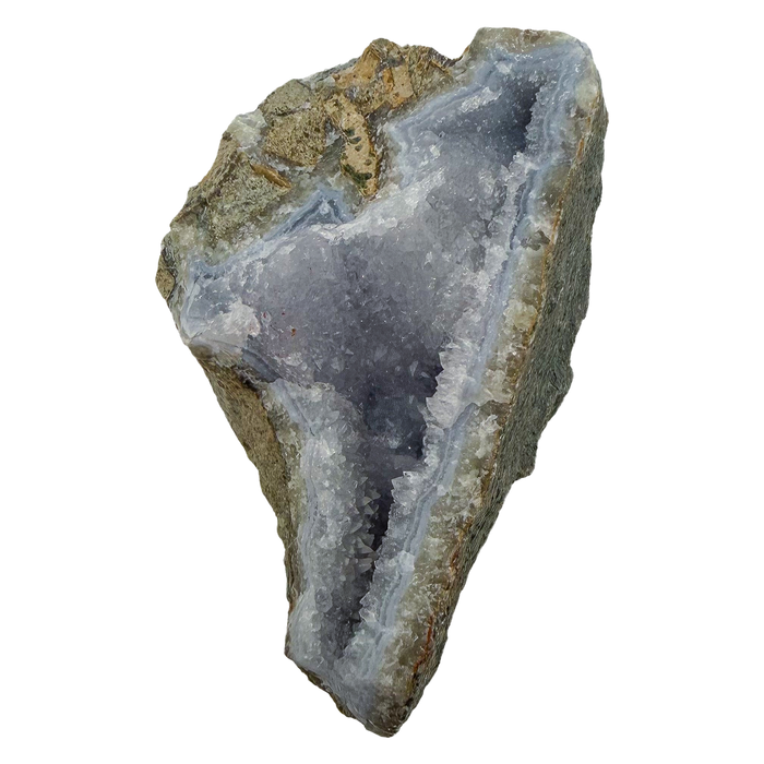 Blue lace agate raw geode, upright view showing the blue banded cavity