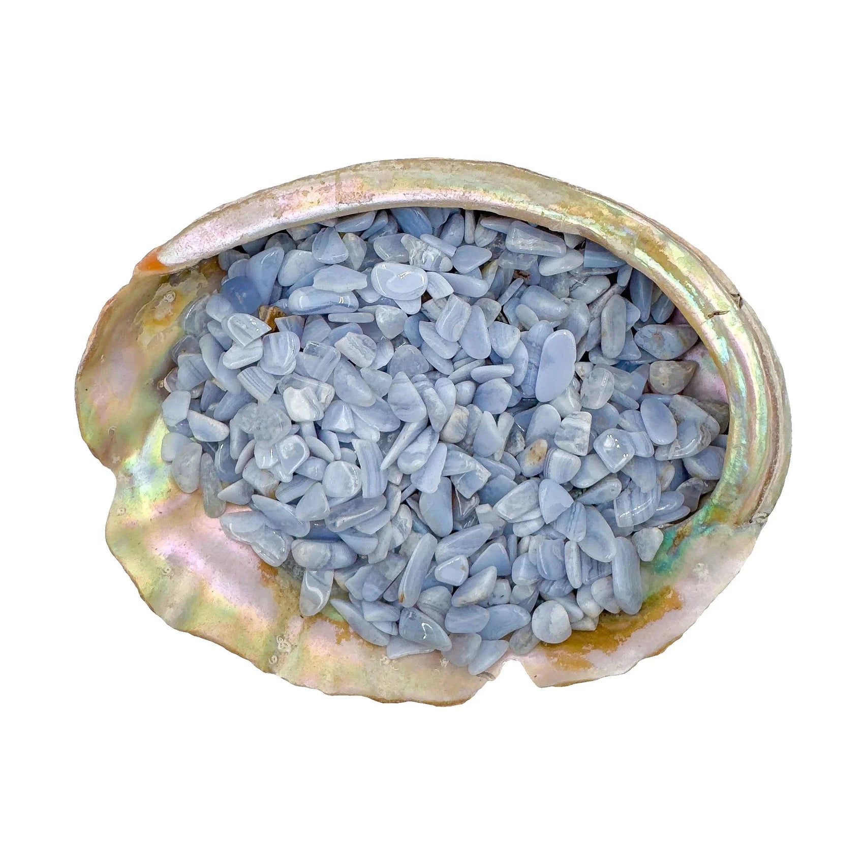 Blue lace agate polished crystal chips, A grade, Namibia origin, hero view.