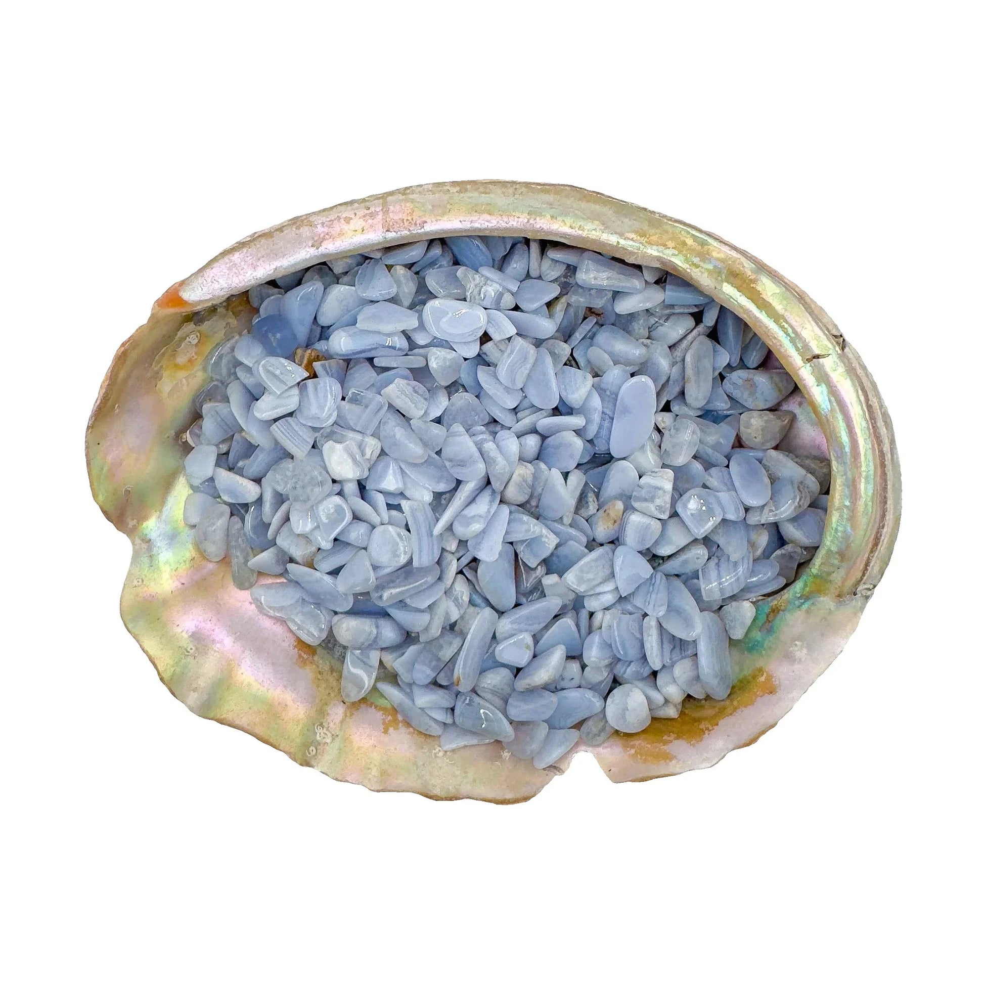 Blue Lace Agate Crystal Chips to support Anxiety Relief, Calm & Communication — blue small tumbled, A grade from Namibia