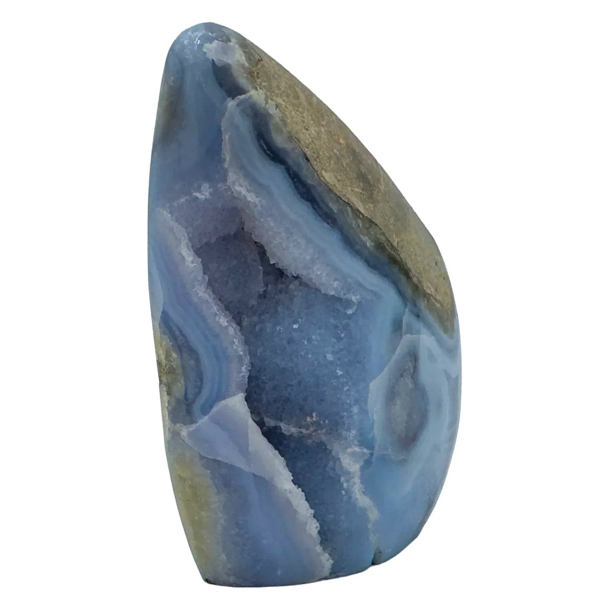 Edge view of Blue Lace Agate raw geode, showing natural banding.