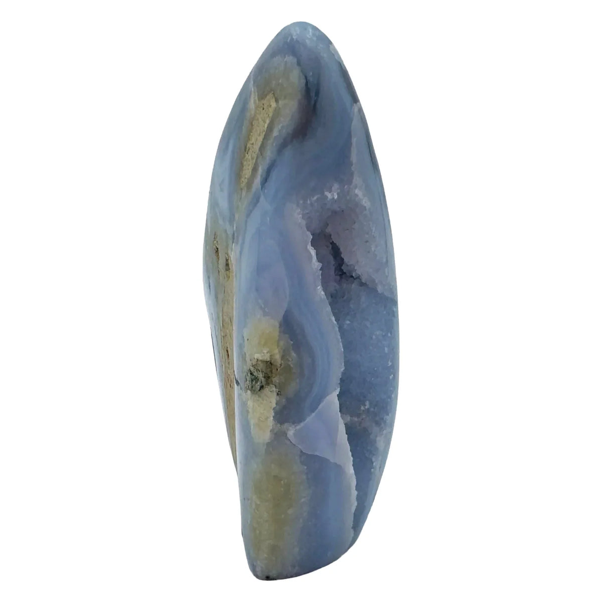 Aerial view of Blue Lace Agate raw geode, showing subtle veining.