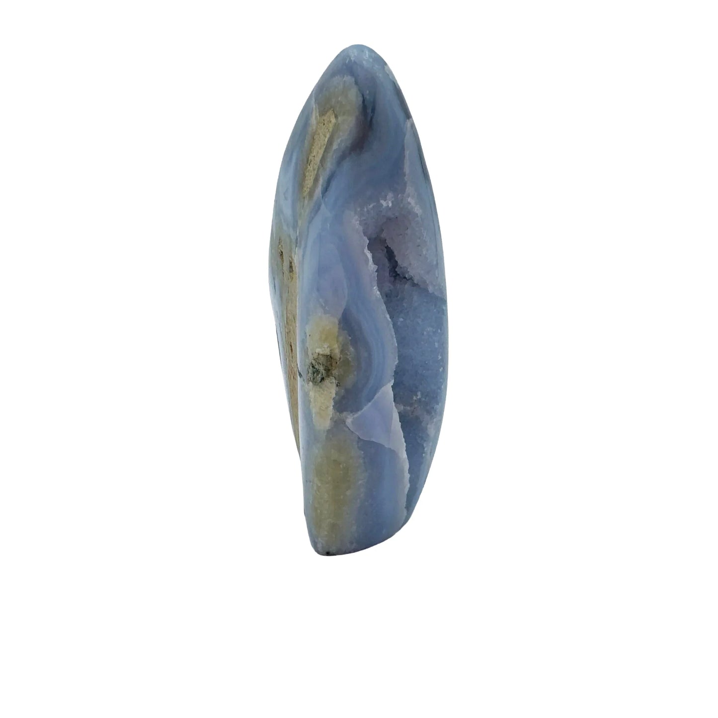 Aerial view of Blue Lace Agate raw geode, showing subtle veining.
