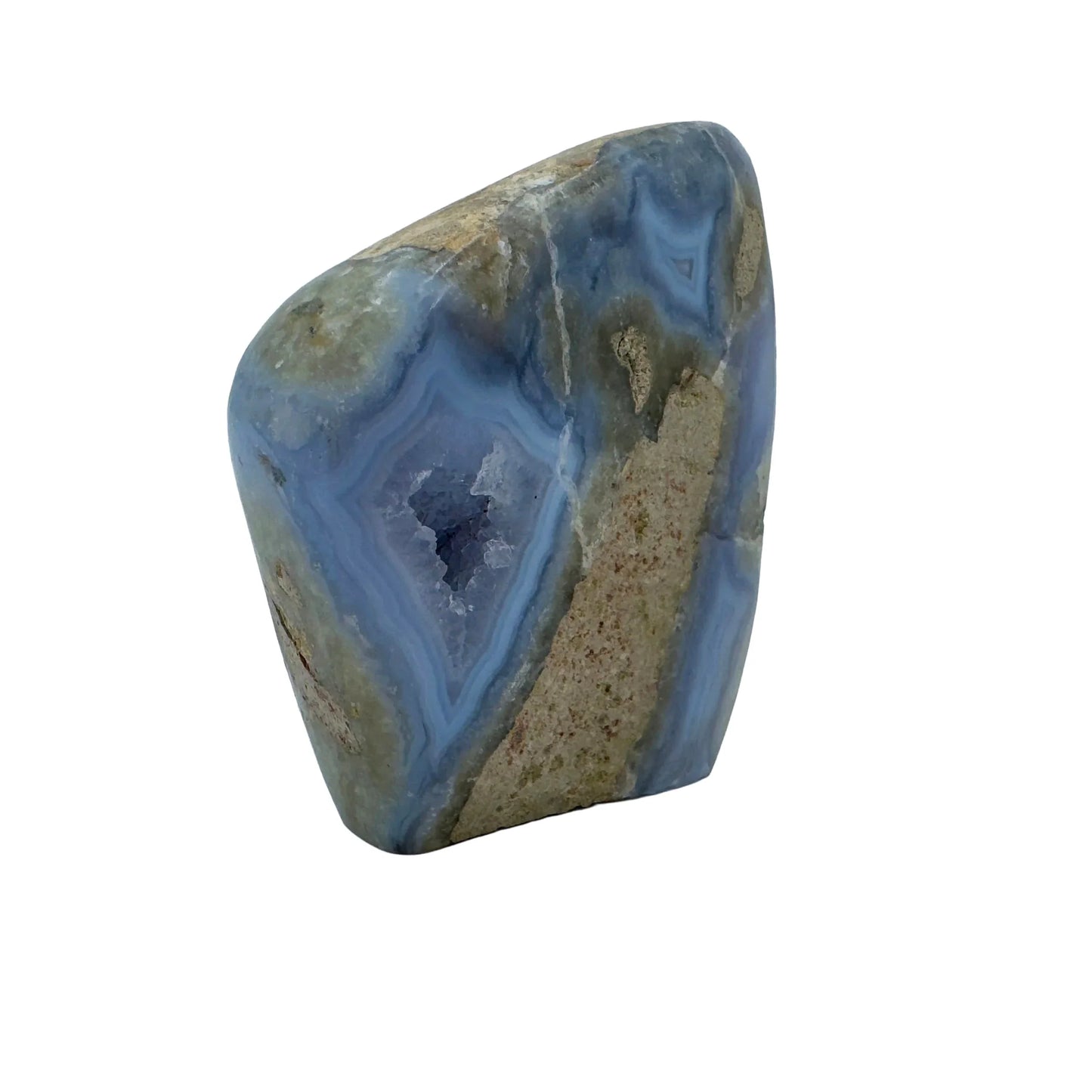 Natural light view of a single Blue Lace Agate raw geode sourced from Malawi.