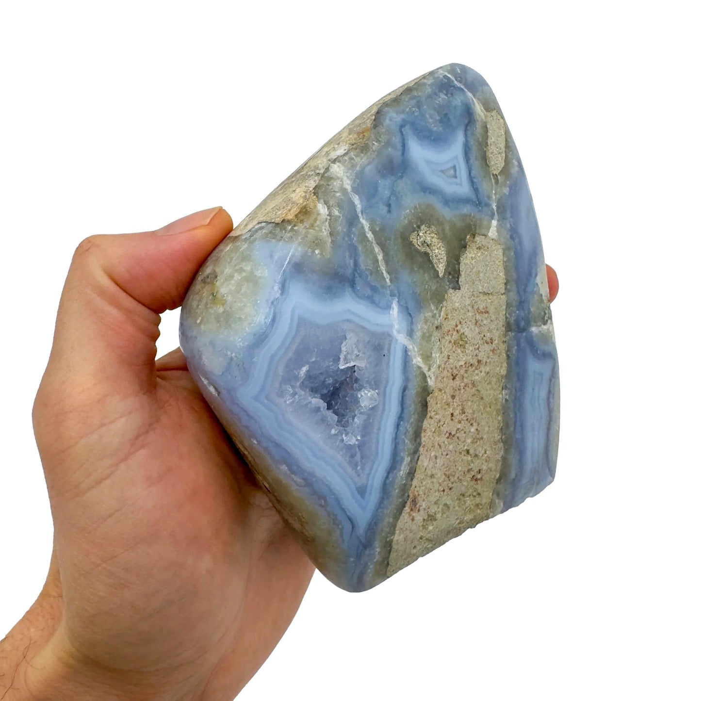 Back view of Grade AA Blue Lace Agate geode showing natural surface