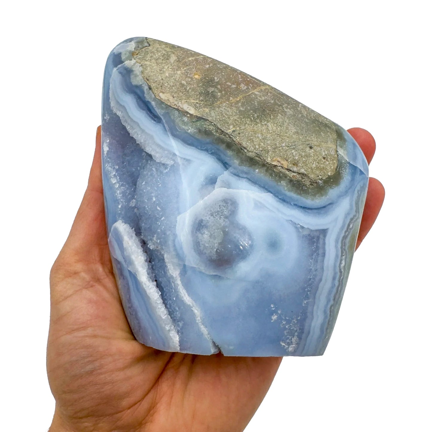 Full profile of Grade AA Blue Lace Agate geode ready to ship from Beyond Bohemian