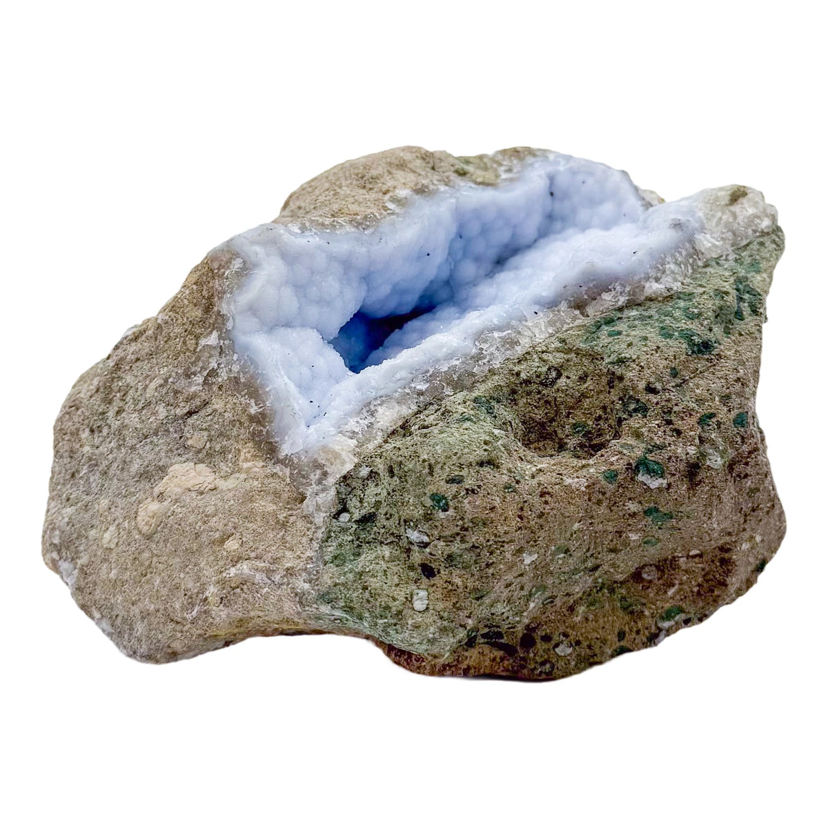 Blue lace agate raw geode from Malawi, uncut host rock with pale blue banded interior