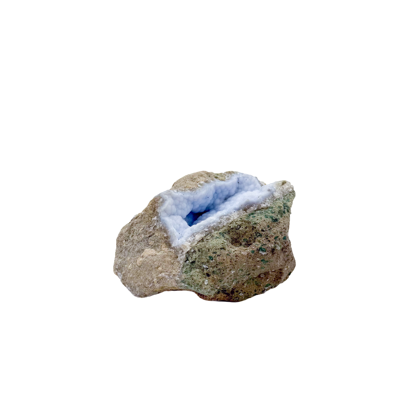 Blue lace agate raw geode from Malawi, uncut host rock with pale blue banded interior