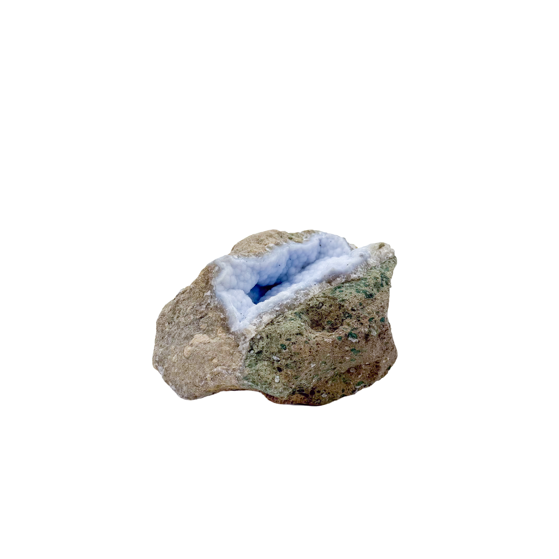 Blue lace agate raw geode from Malawi, uncut host rock with pale blue banded interior