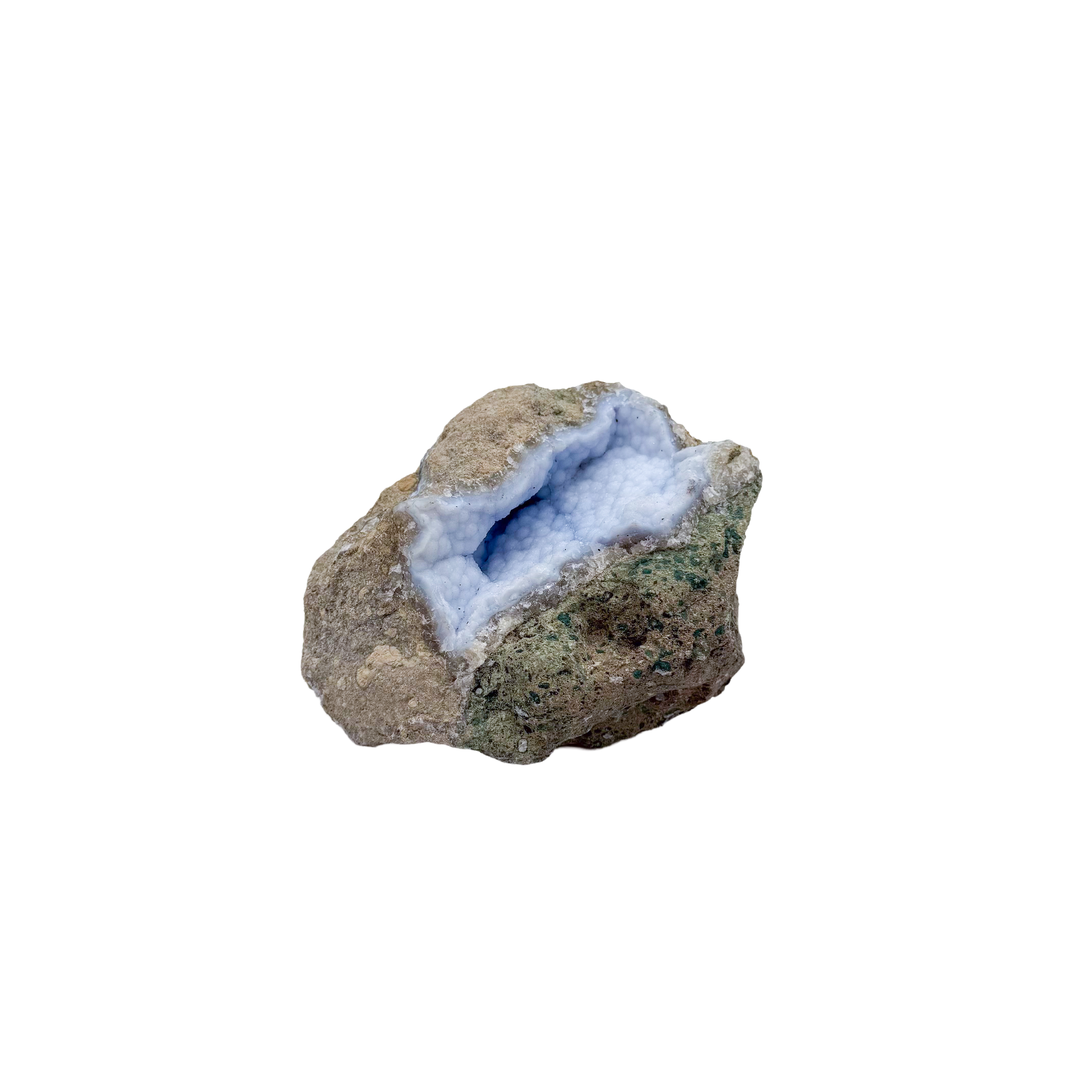 Blue lace agate raw geode, side view showing natural cavity and druzy crystal