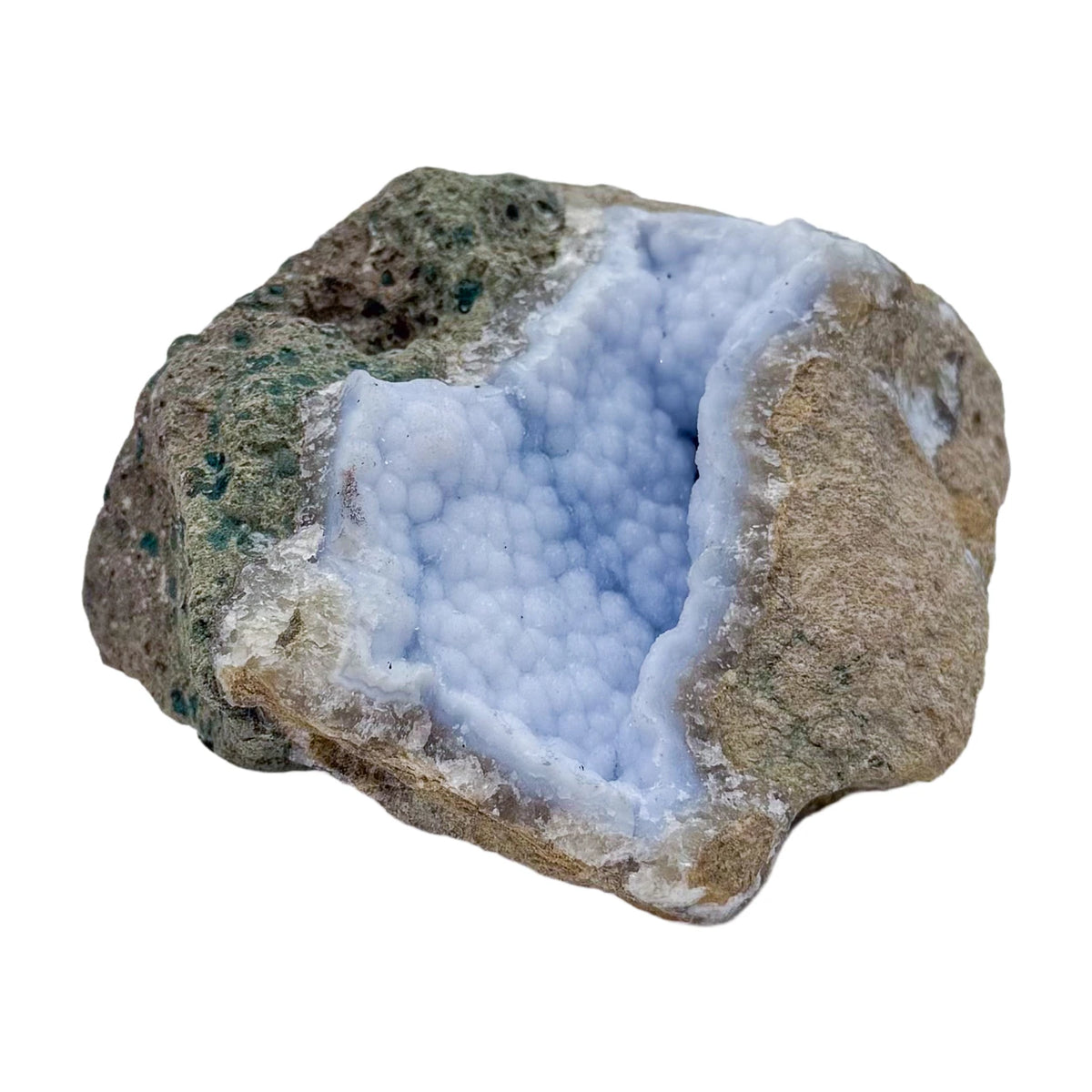 Blue lace agate raw geode, detail of pale blue lacy banding