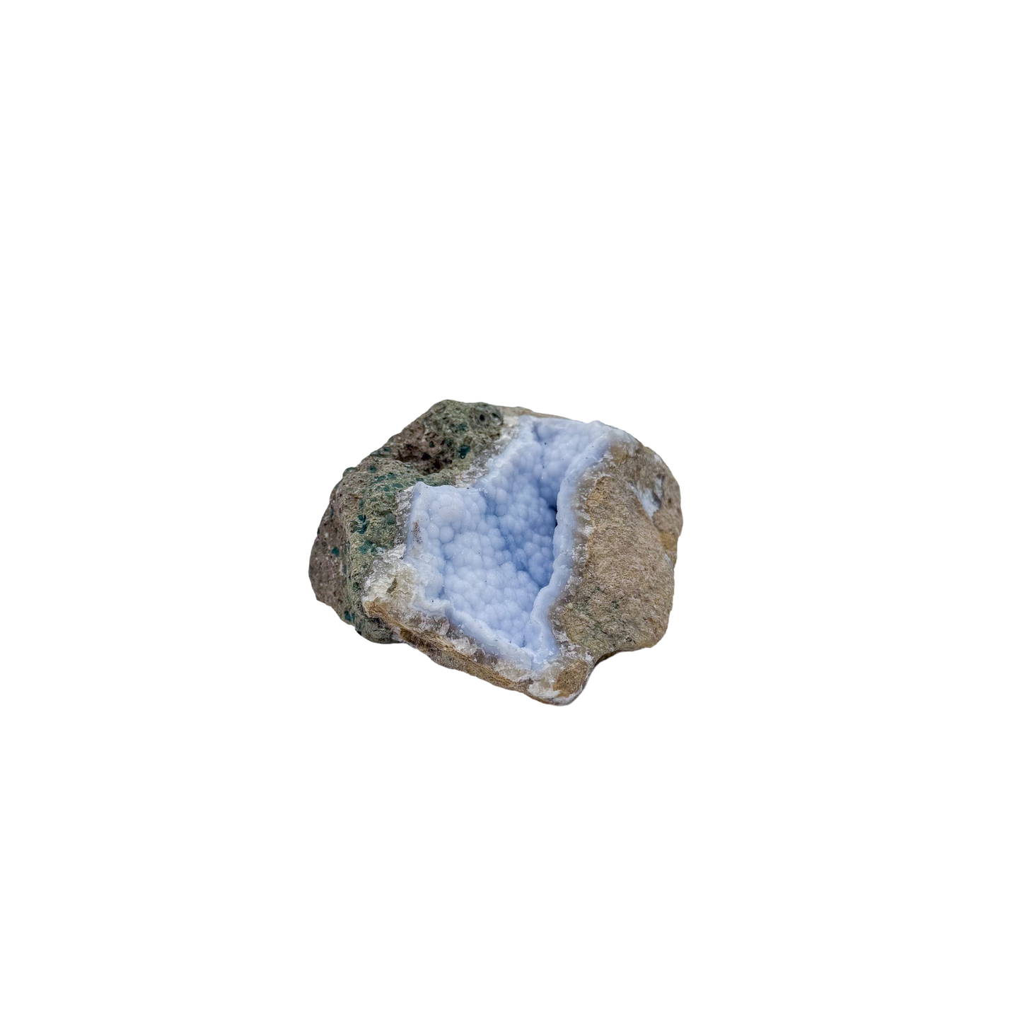 Blue lace agate raw geode, detail of pale blue lacy banding
