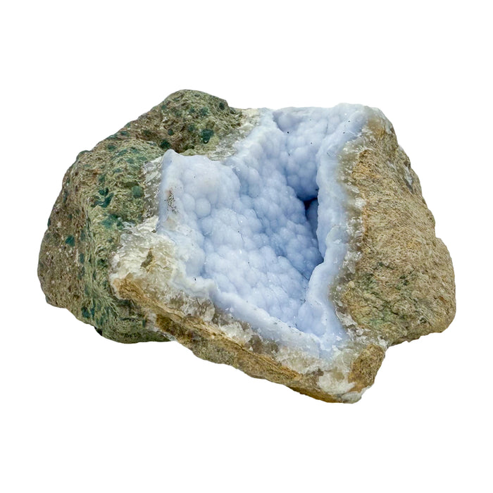Blue lace agate raw geode, rear view of rough tan and gray host rock