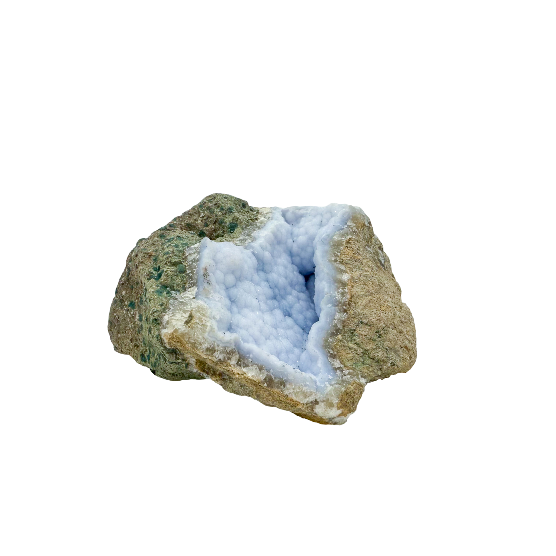 Blue lace agate raw geode, rear view of rough tan and grey host rock