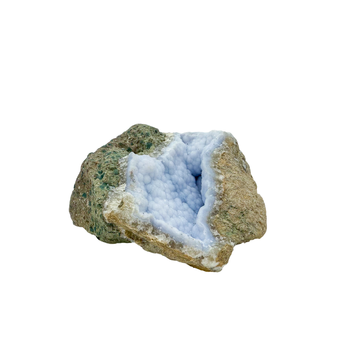 Blue lace agate raw geode, rear view of rough tan and grey host rock