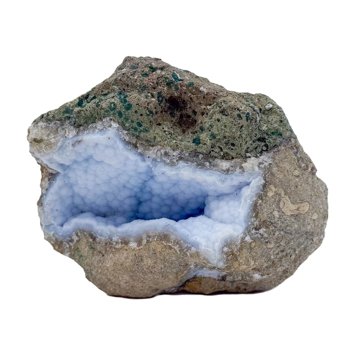Blue lace agate raw geode, alternate angle of natural blue cavity