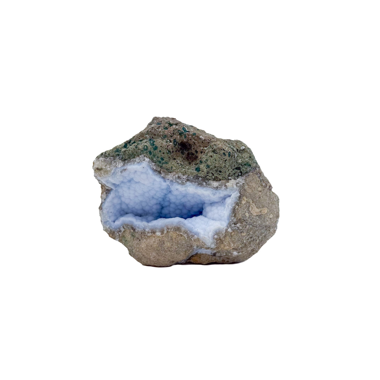 Blue lace agate raw geode, alternate angle of natural blue cavity