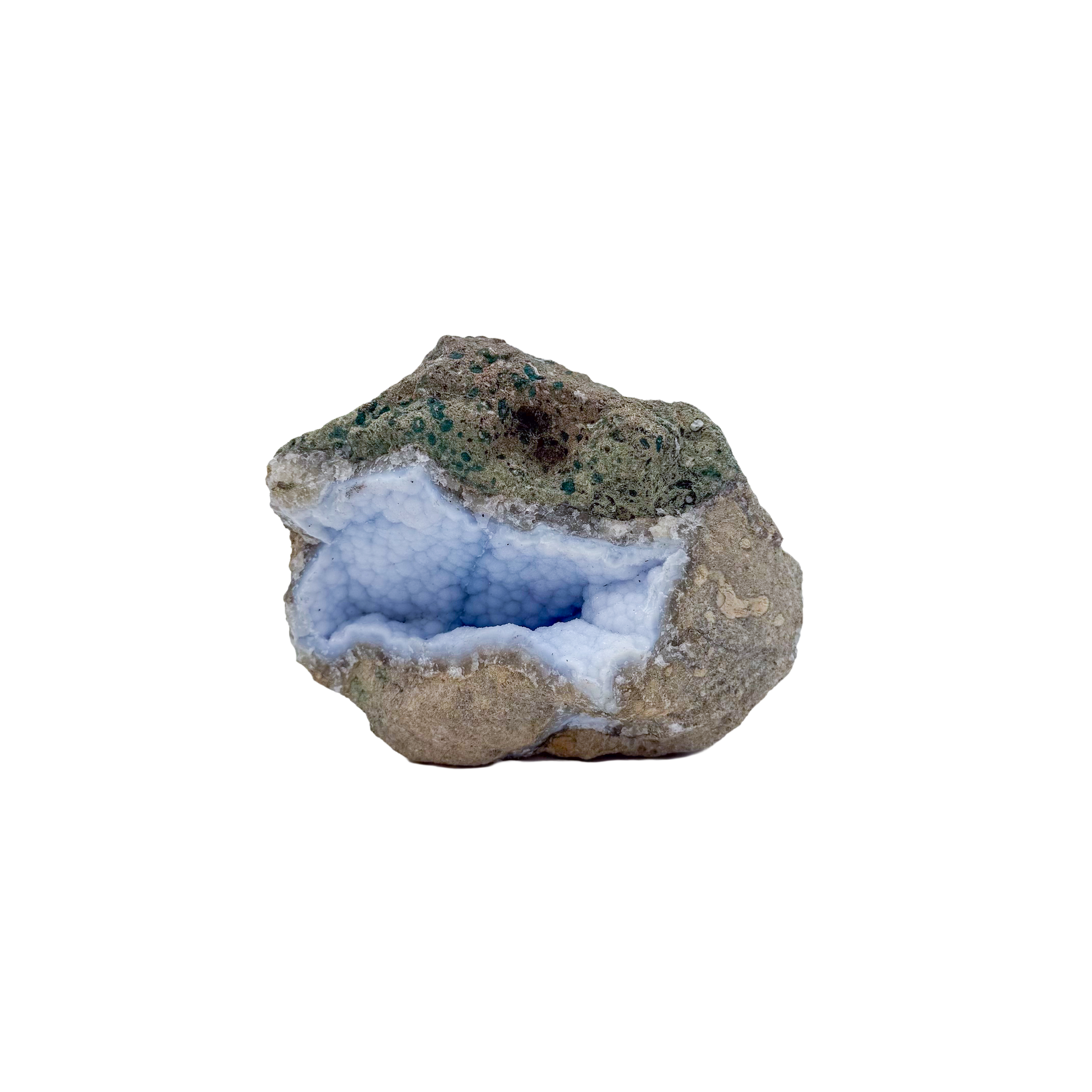 Blue lace agate raw geode, alternate angle of natural blue cavity