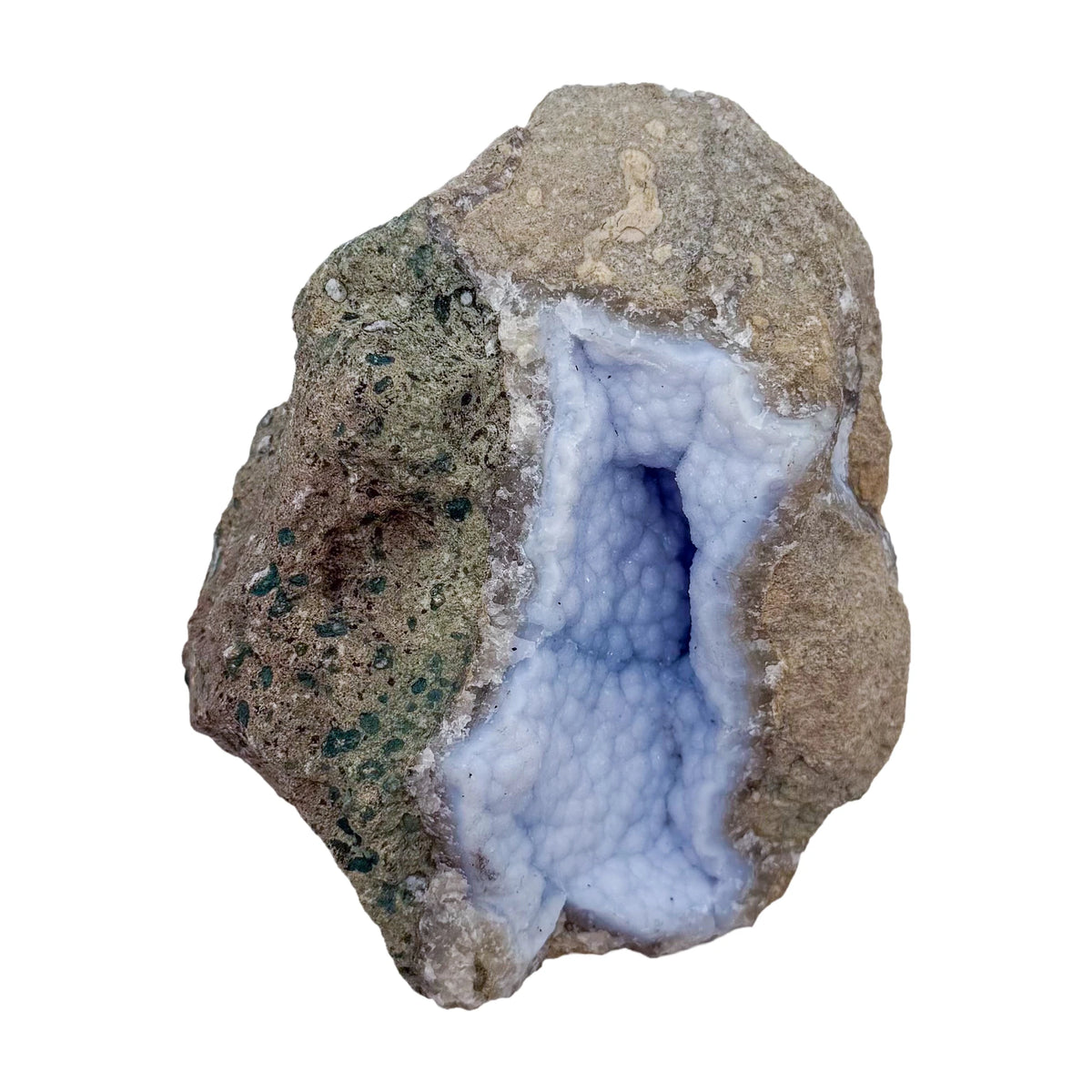 Blue lace agate raw geode from Malawi, AA grade, pale blue banded chalcedony crystal in a natural cavity