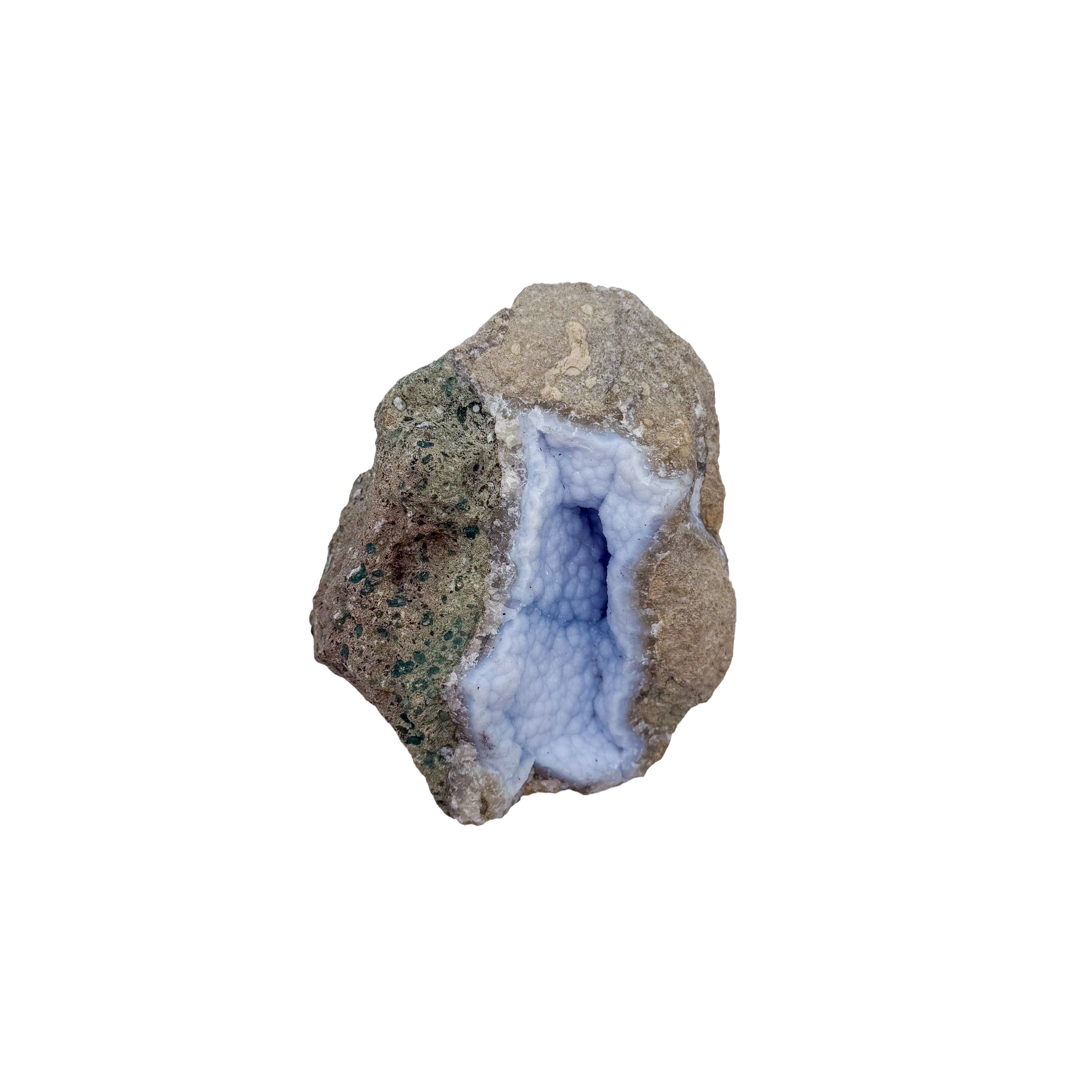 Blue lace agate raw geode from Malawi, AA grade, pale blue banded chalcedony crystal in a natural cavity