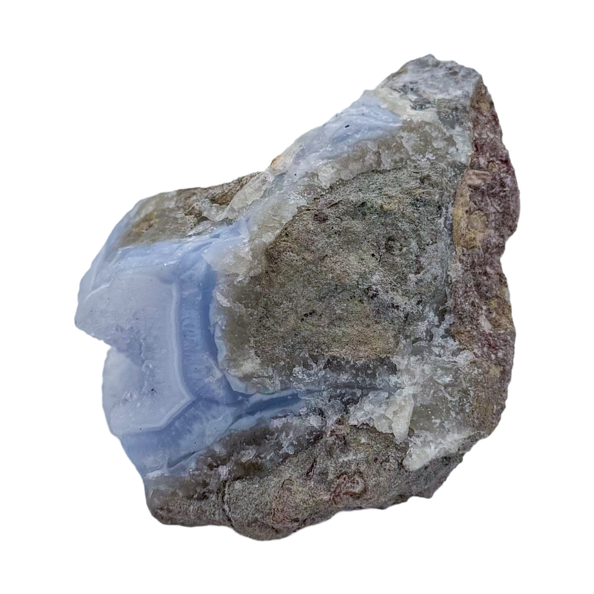 Blue lace agate raw geode from Malawi, uncut host rock with blue banded interior