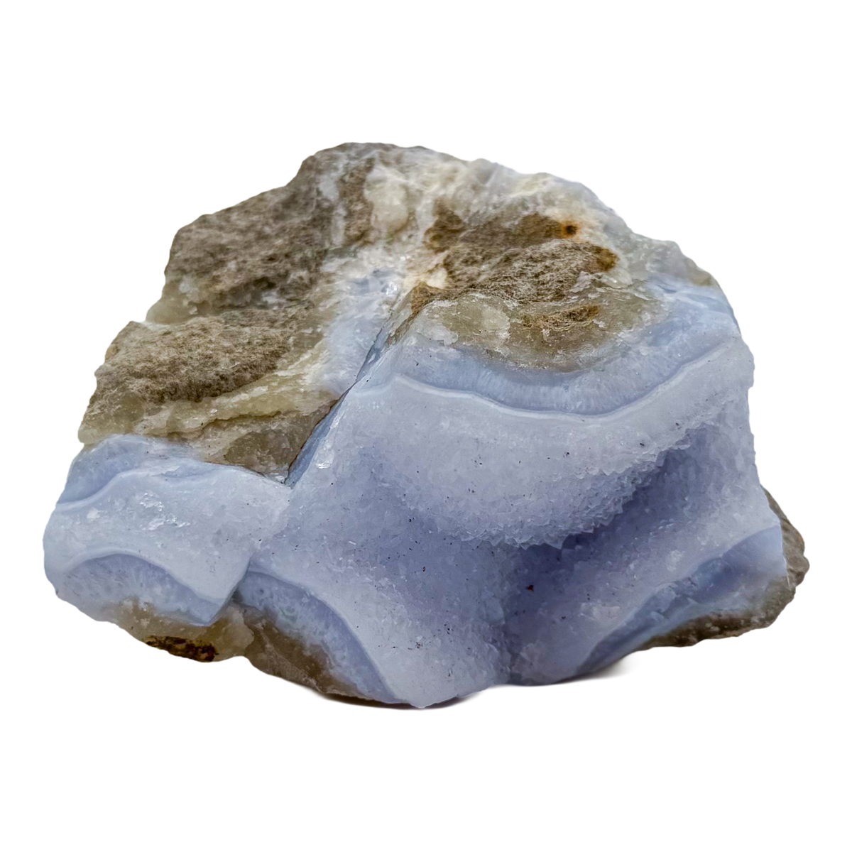 Blue lace agate raw geode from Malawi, AA grade, pale blue banded chalcedony in a natural cavity