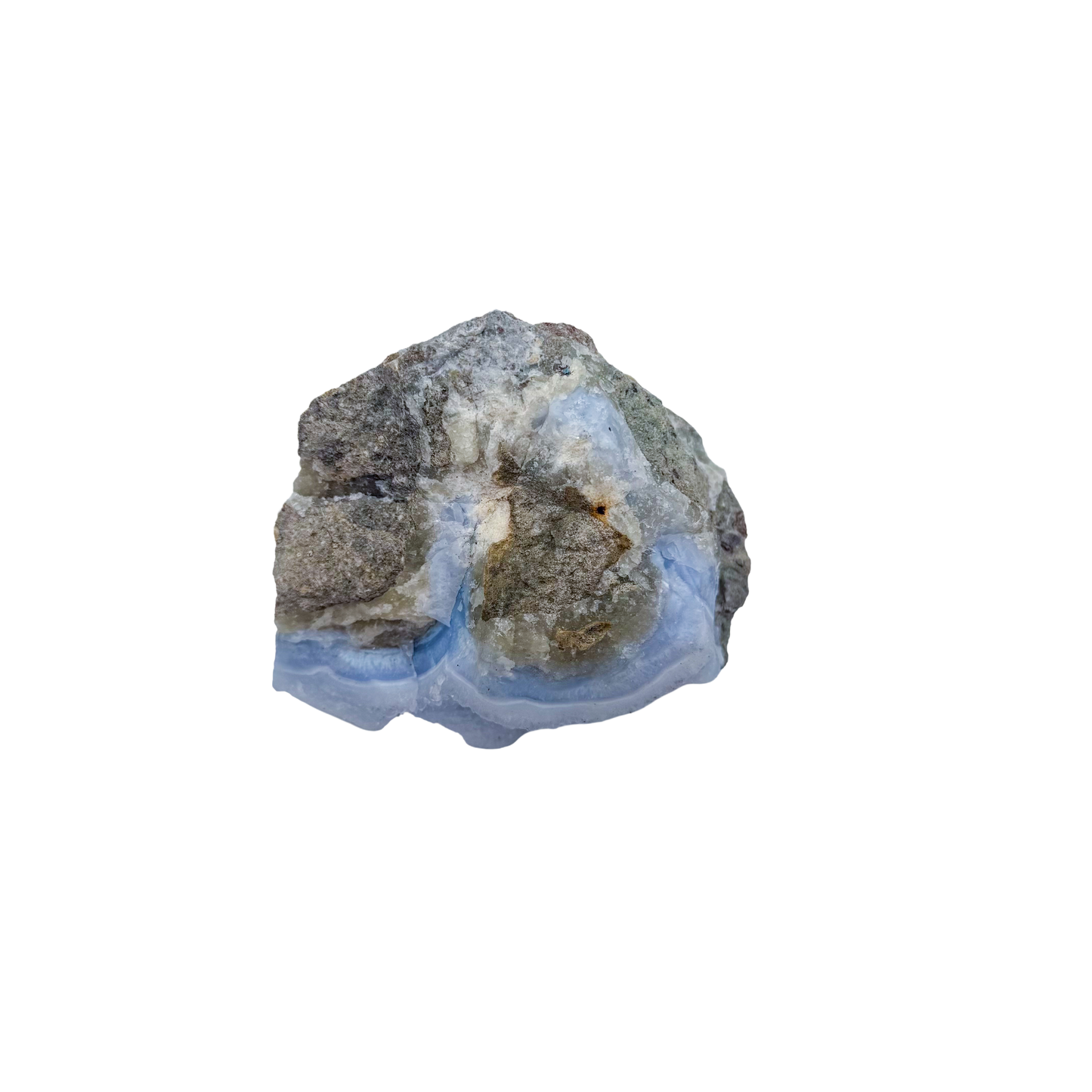 Blue lace agate raw geode, angled view of banded blue chalcedony