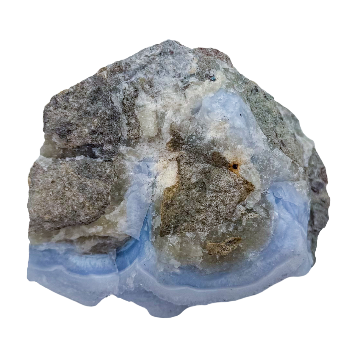 Blue lace agate raw geode, angled view of banded blue chalcedony