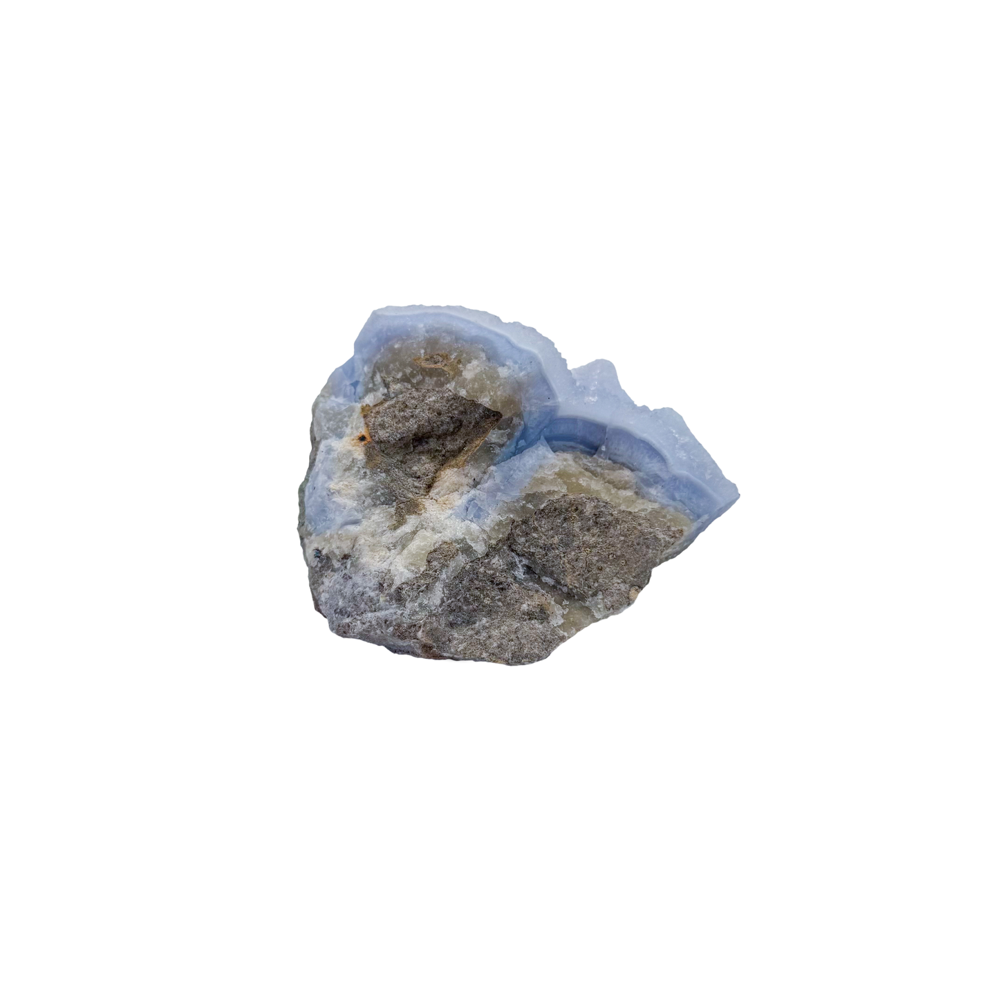 Blue lace agate raw geode, detail of pale blue lacy banding