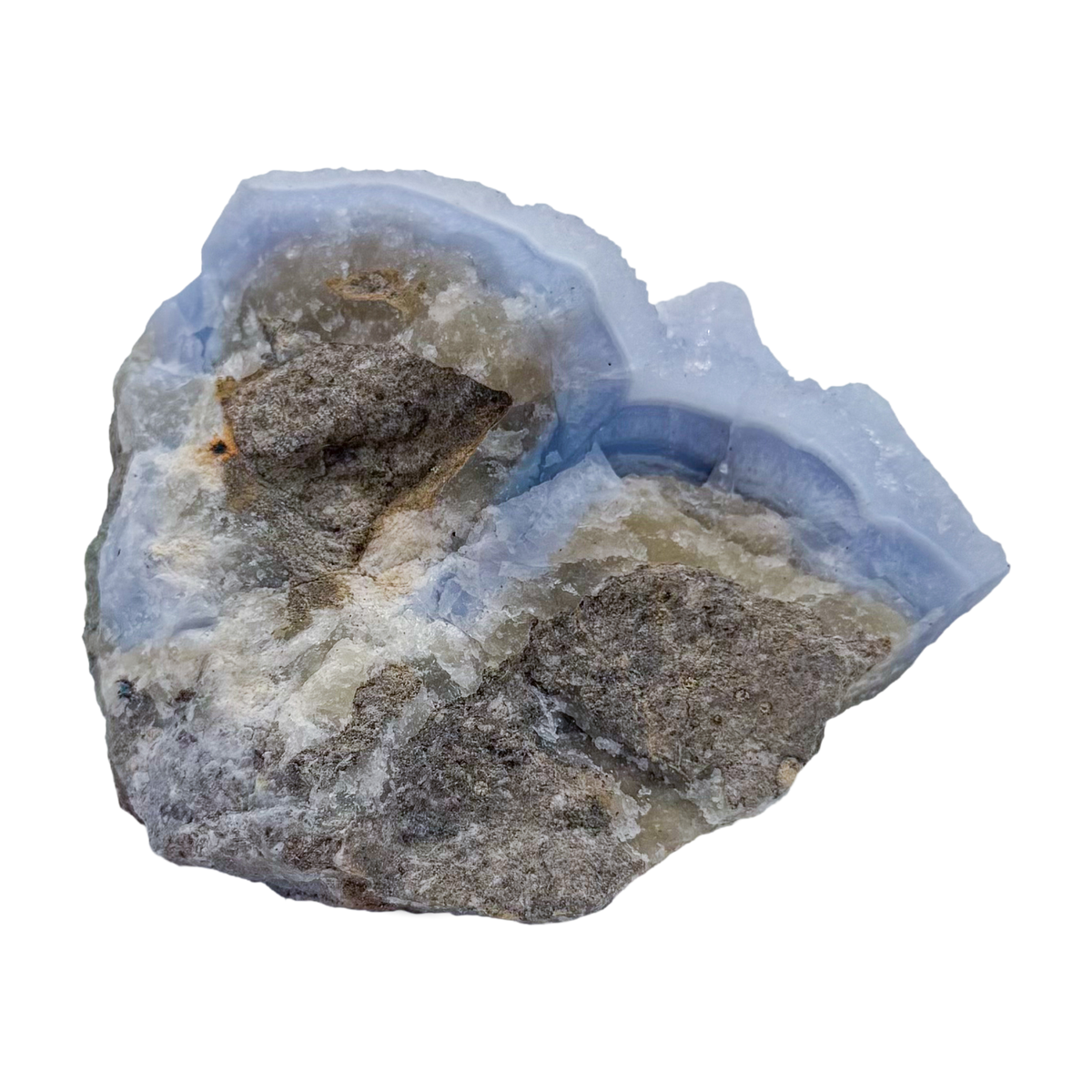 Blue lace agate raw geode, detail of pale blue lacy banding