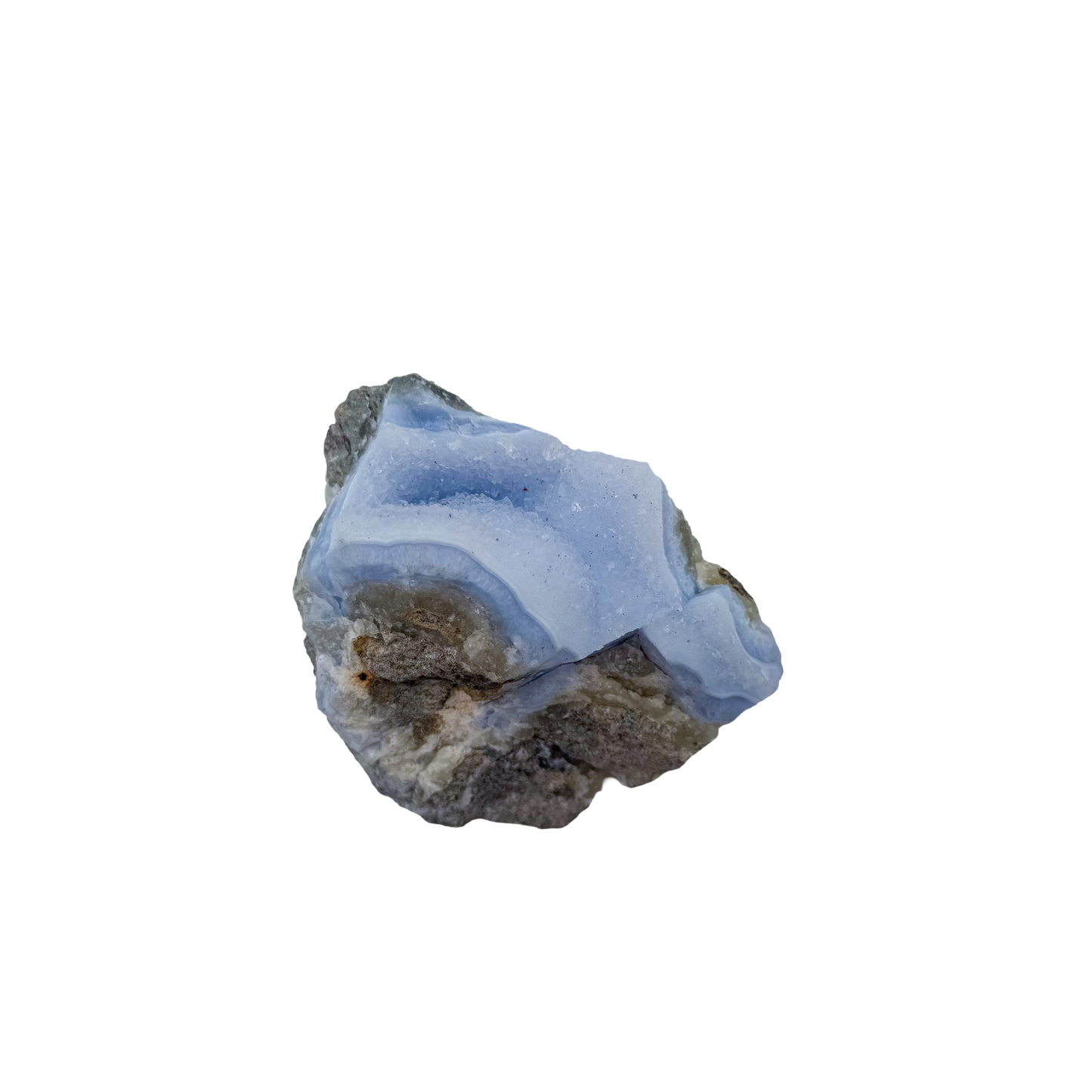 Blue lace agate raw geode, rear view of rough host rock