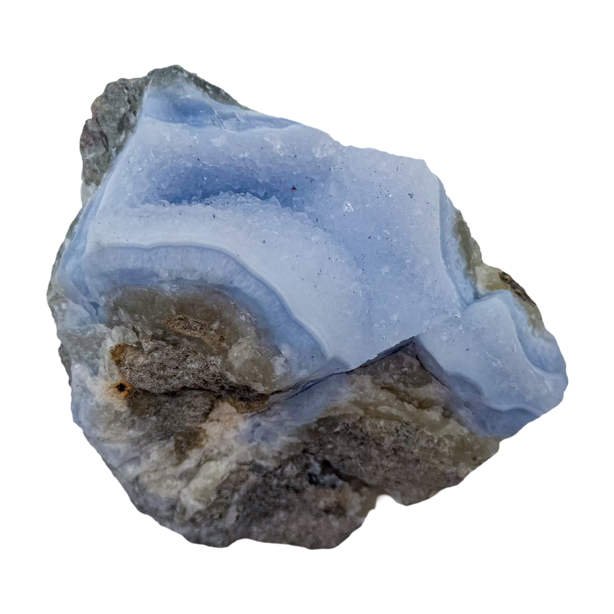 Blue lace agate raw geode, rear view of rough host rock