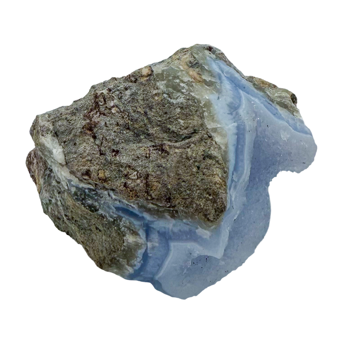 Blue lace agate raw geode, alternate angle of natural blue cavity