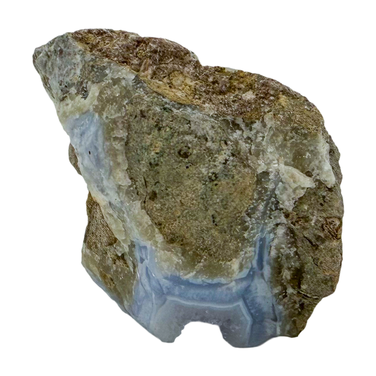 Blue lace agate raw geode, close view of druzy crystal texture
