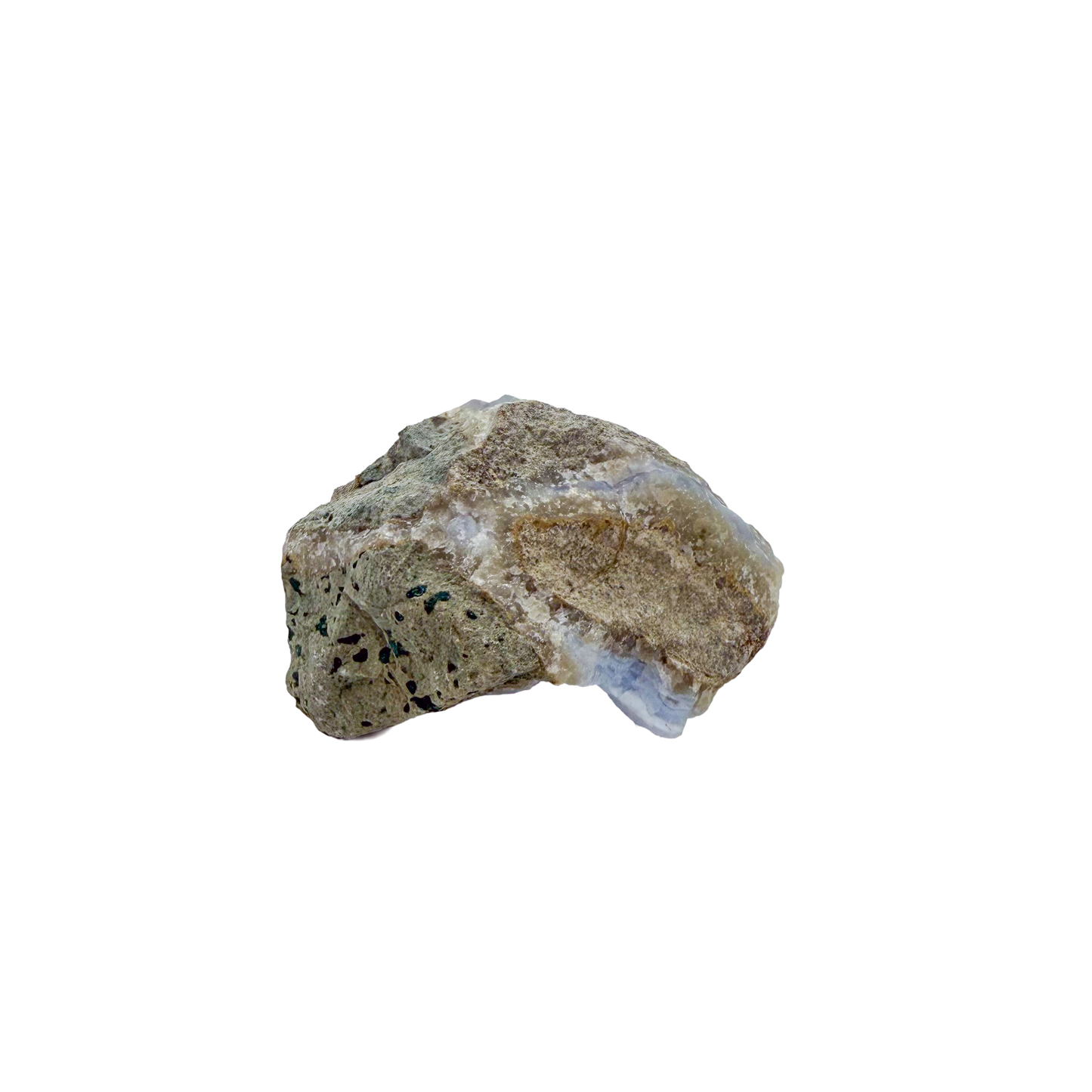 Blue lace agate raw geode, side view showing natural cavity and druzy