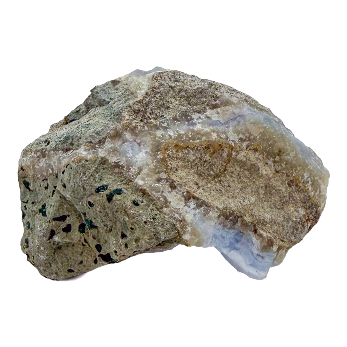 Blue lace agate raw geode, side view showing natural cavity and druzy