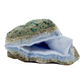 Blue lace agate raw geode, angled view of banded blue chalcedony