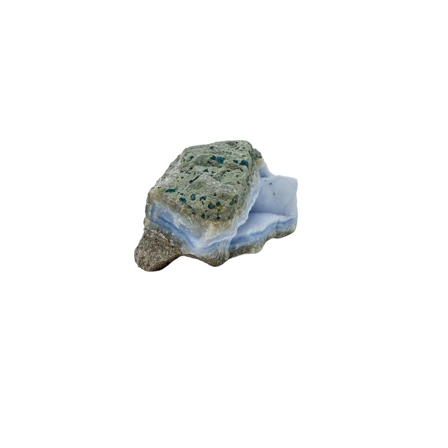 Blue lace agate raw geode from Malawi, AA grade, pale blue banded chalcedony in a natural cavity